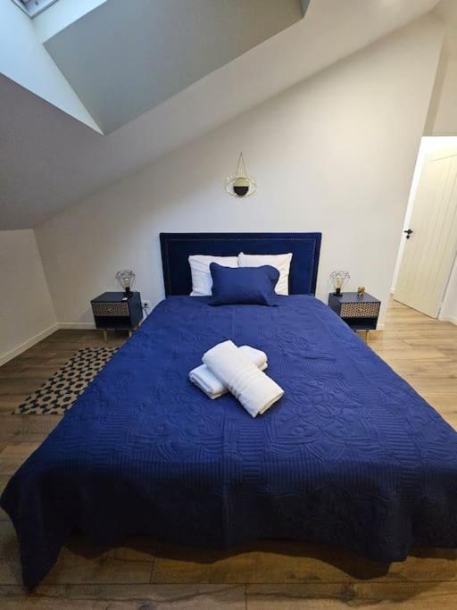 - un lit bleu avec 2 oreillers au-dessus dans l'établissement Chambre Attrape rêves, à Sainte-Geneviève-des-Bois