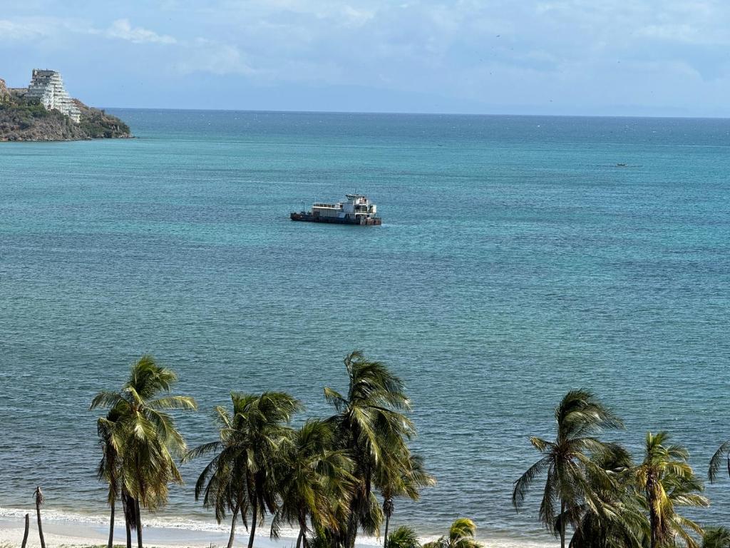 ein Boot im Meer mit Palmen am Strand in der Unterkunft Residencias Atlantic Margarita in Porlamar