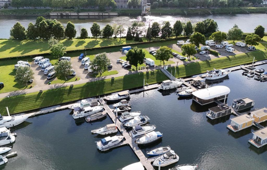 an aerial view of a marina with boats in it at House Boat Statia in Maastricht