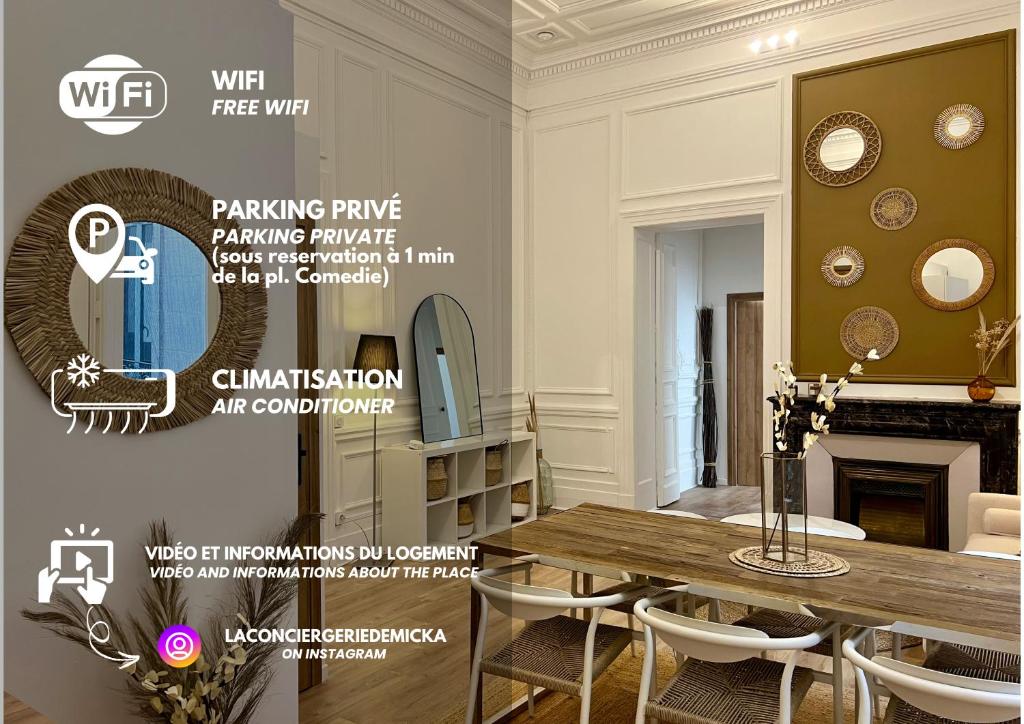 une publicité pour une salle à manger avec une table et des chaises dans l'établissement Casa Cēzane - Place de la Comédie, Montpellier, à Montpellier