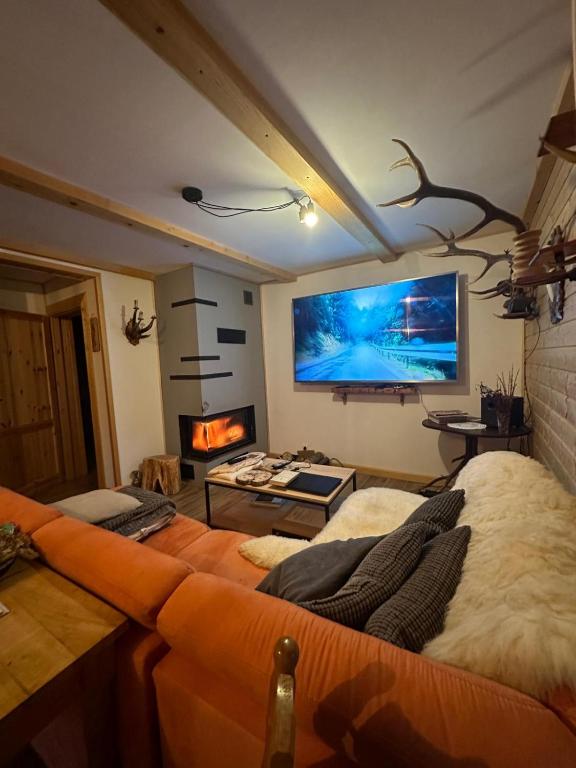 a living room with a couch and a large tv at Bieszczady ClaraArt in Czarna