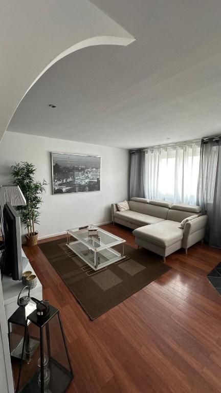 un salon avec un canapé et une table en verre dans l'établissement Apparemment spacieux et lumineux pour 6 voyageurs, à Strasbourg