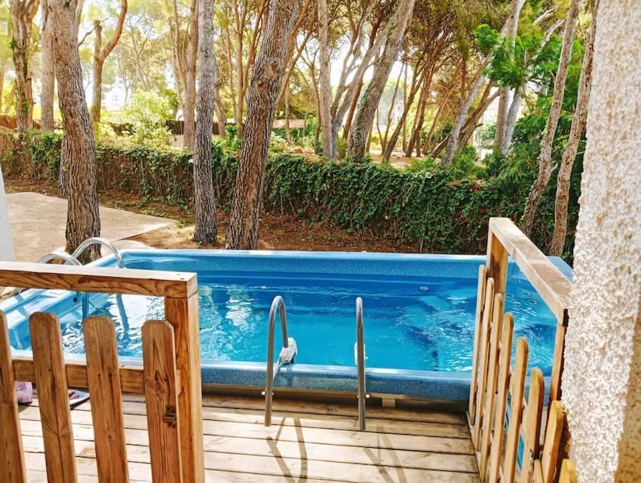 a swimming pool on a wooden deck with trees at MASIA Del ROC DE SANT CAIETA in Roda de Bará