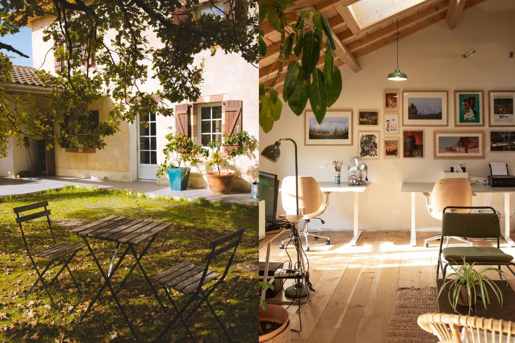 - deux images d'un patio avec des chaises et une table dans l'établissement La Grange Animation, à Pomarez