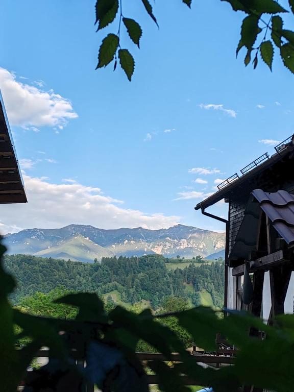 a view of the mountains from a house at Pensiunea Glasul Pădurii in Moieciu de Jos