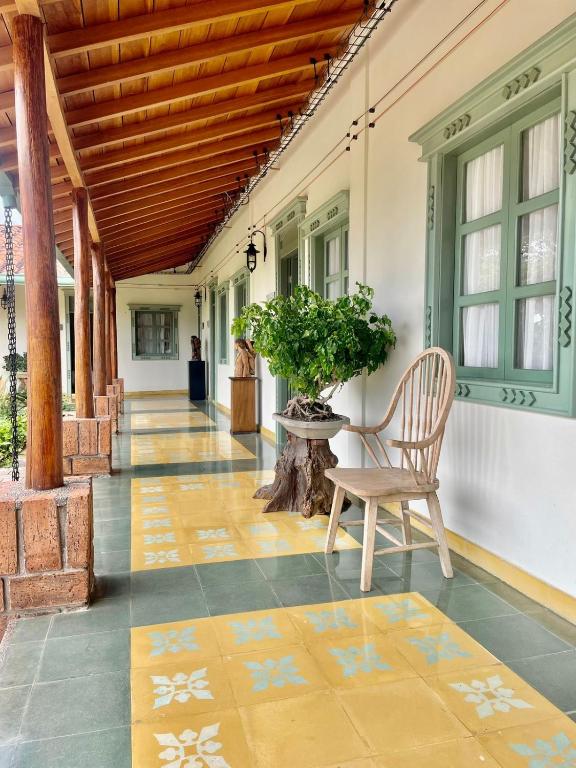 una sedia seduta sul pavimento di un edificio di HOTEl NUSS a San Roque