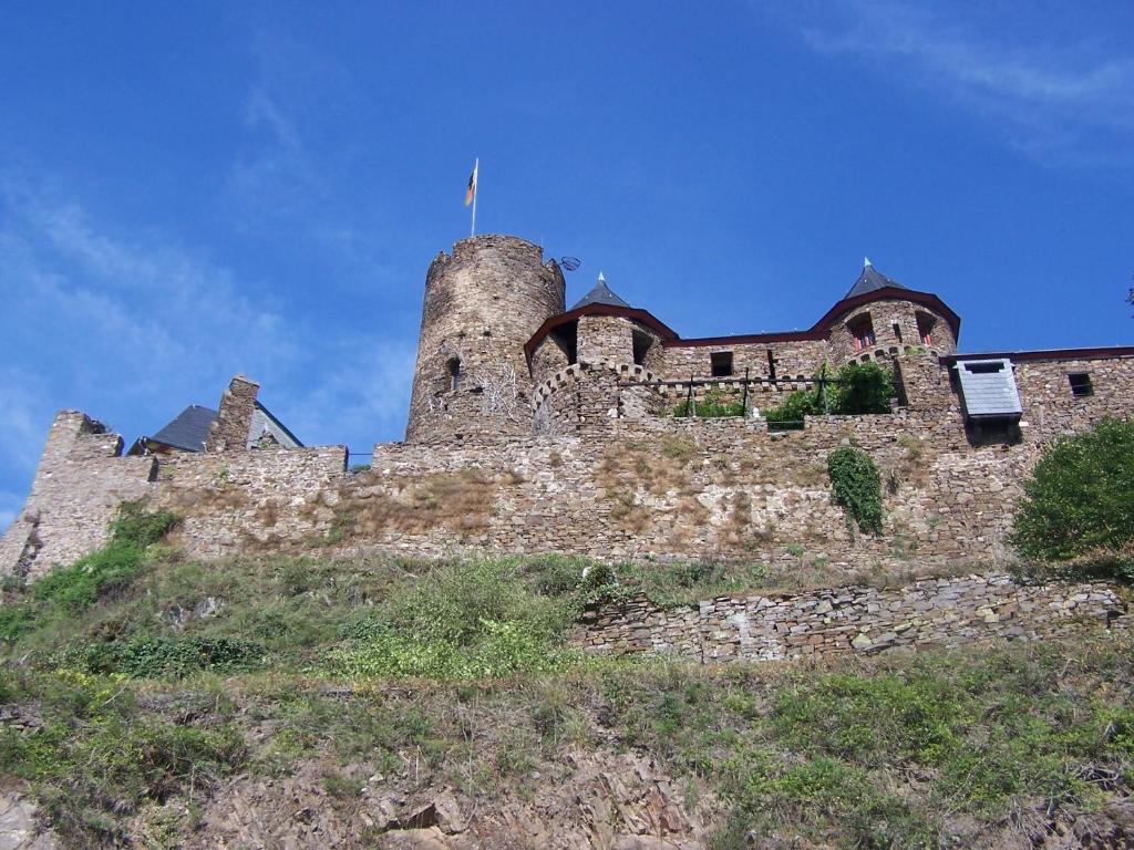 ein Schloss auf einem Hügel mit einer Fahne darauf in der Unterkunft Gasthaus Rebstock in Alken