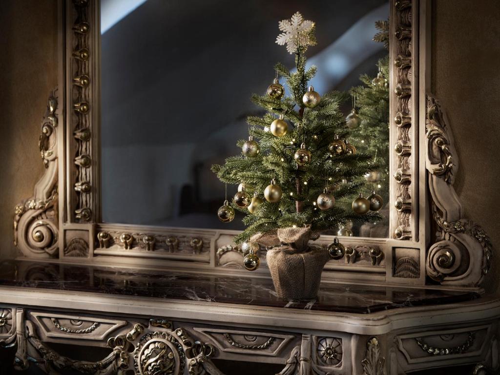 布热茨拉夫Lichtenstein LVA Apartmán的镜子前的圣诞树