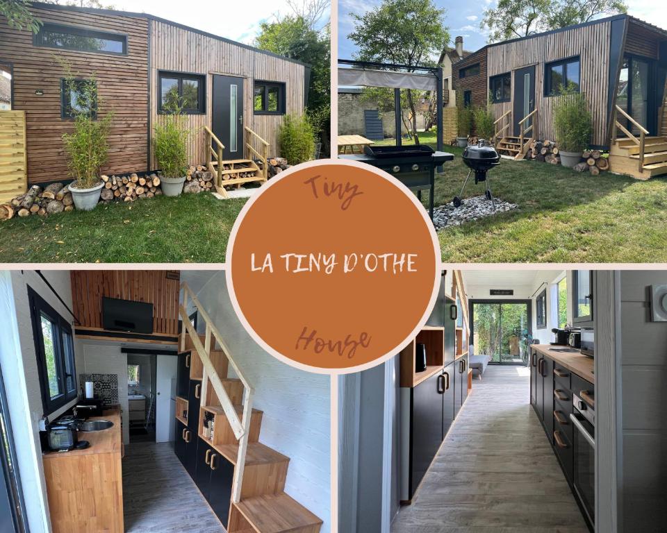 un collage de photos d'une petite maison dans l'établissement La Tiny d'Othe, à Estissac