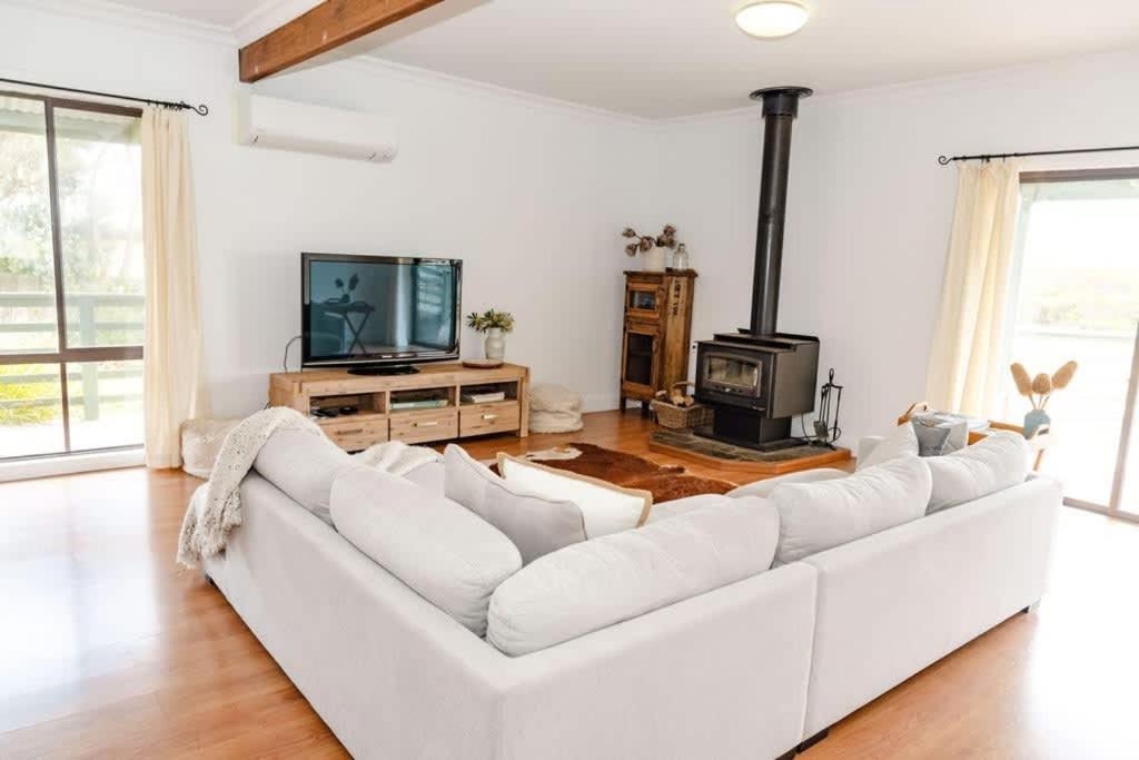 sala de estar blanca con sofá blanco y TV en Salt bush cottage Peterborough, en Peterborough