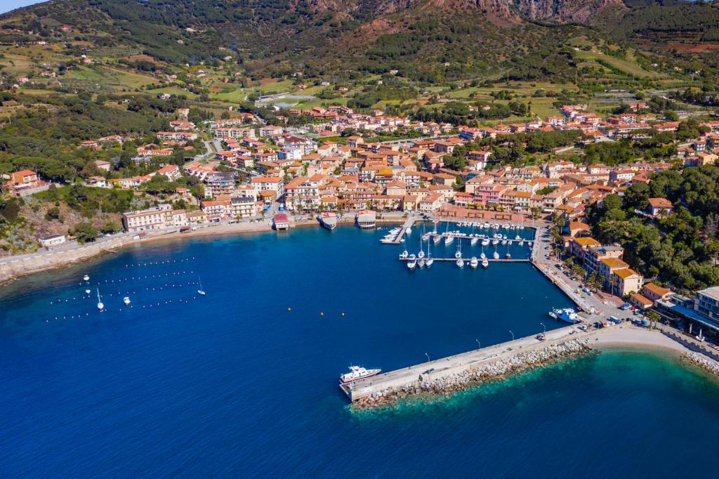 Una vista aérea de un puerto con barcos en el agua. en Casa Cristina - Goelba, en Porto Azzurro