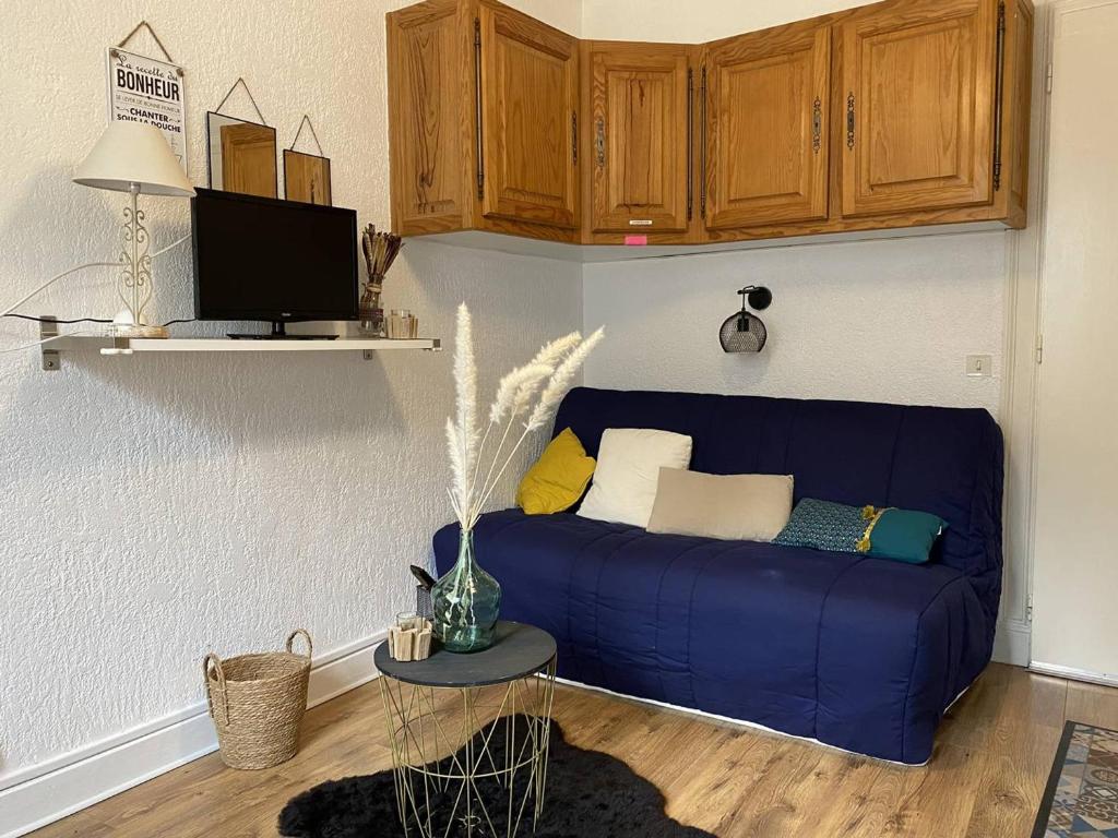 - un canapé bleu dans le salon avec des placards en bois dans l'établissement Charmant T3 avec vue montagnes à Cauterets - FR-1-812-95, à Cauterets