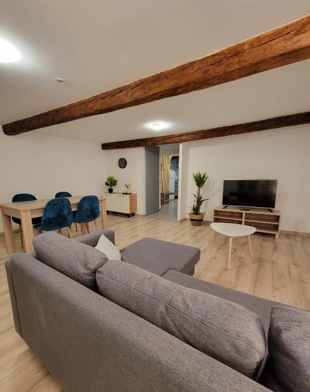 un salon avec un canapé et une télévision à écran plat dans l'établissement L'Observatoire-Cité Médiévale, à Carcassonne