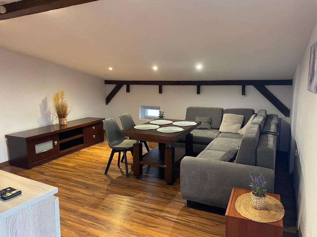 a living room with a couch and a table at Kawalerki w Śródmieściu 1 in Bydgoszcz
