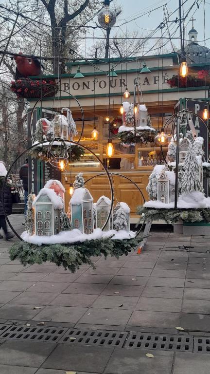 Una exhibición de edificios cubiertos de nieve frente a un edificio. en Cathedral Park Medium Apartment, en Chişinău