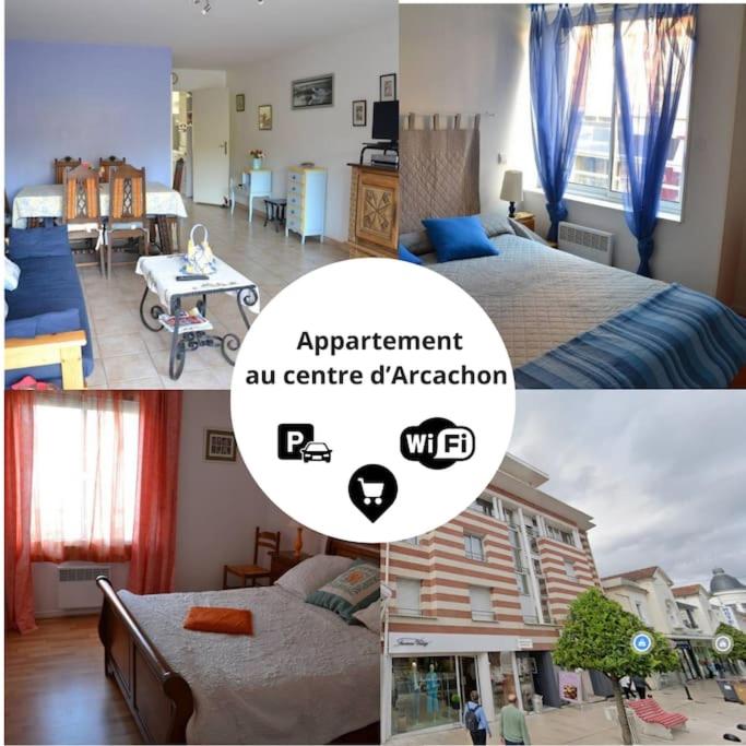 un collage de trois photos d'une chambre dans l'établissement Appartement centre d'Arcachon à 400 m de la plage, à Arcachon