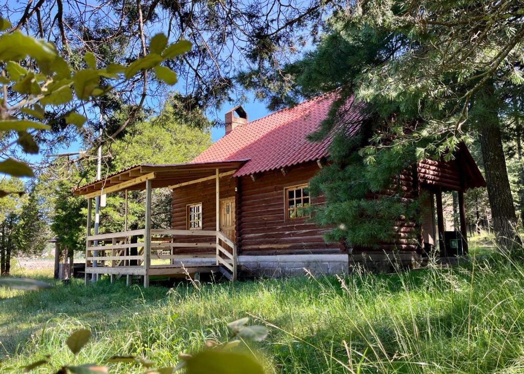 a log cabin with a red roof at Cómoda Cabaña de Descanso Parque La Pirámide in Las Adjuntas