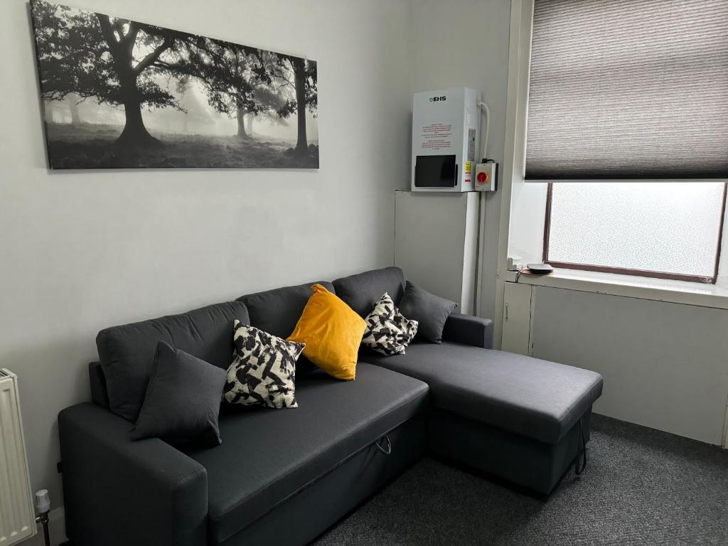 a living room with a couch with pillows on it at Nelson st (VIEWPARK) in Largs
