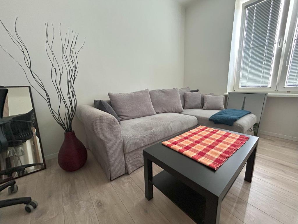 a living room with a couch and a coffee table at Apartment Česká 23 in Koliba