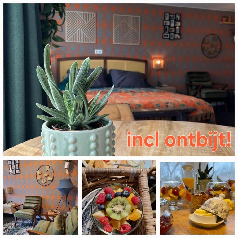 a collage of pictures of a bedroom with a plant at B&B de Gouwe Tijd, suite "Gouden Ginkgo" in Noordgouwe
