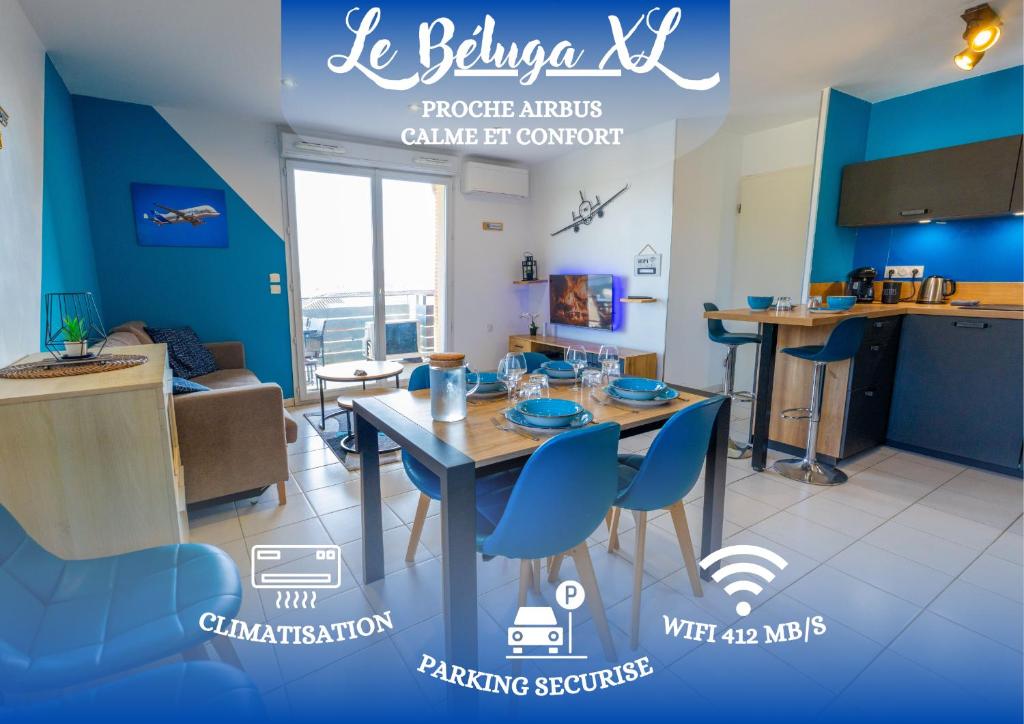 a kitchen and living room with a table and chairs at Le Beluga XL - Confort et proximité Airbus in Colomiers