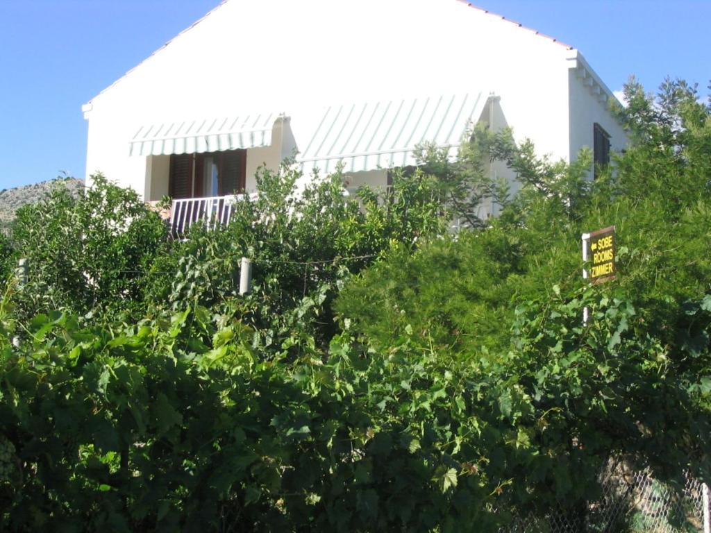 ein weißes Haus hinter einigen Bäumen mit einem Gebäude in der Unterkunft Guest House Kola in Slano