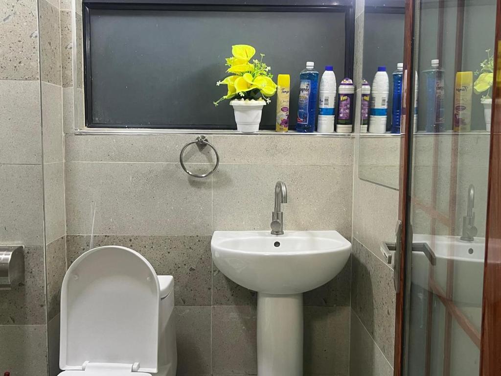 a bathroom with a sink and a toilet and a window at Rosette Haven 2 in Nairobi