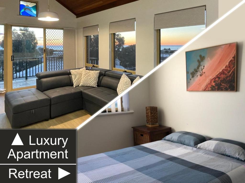 a living room with a couch and a bed at Marina Upstairs Apartment & Marina Downstairs Retreat Beresford in Geraldton