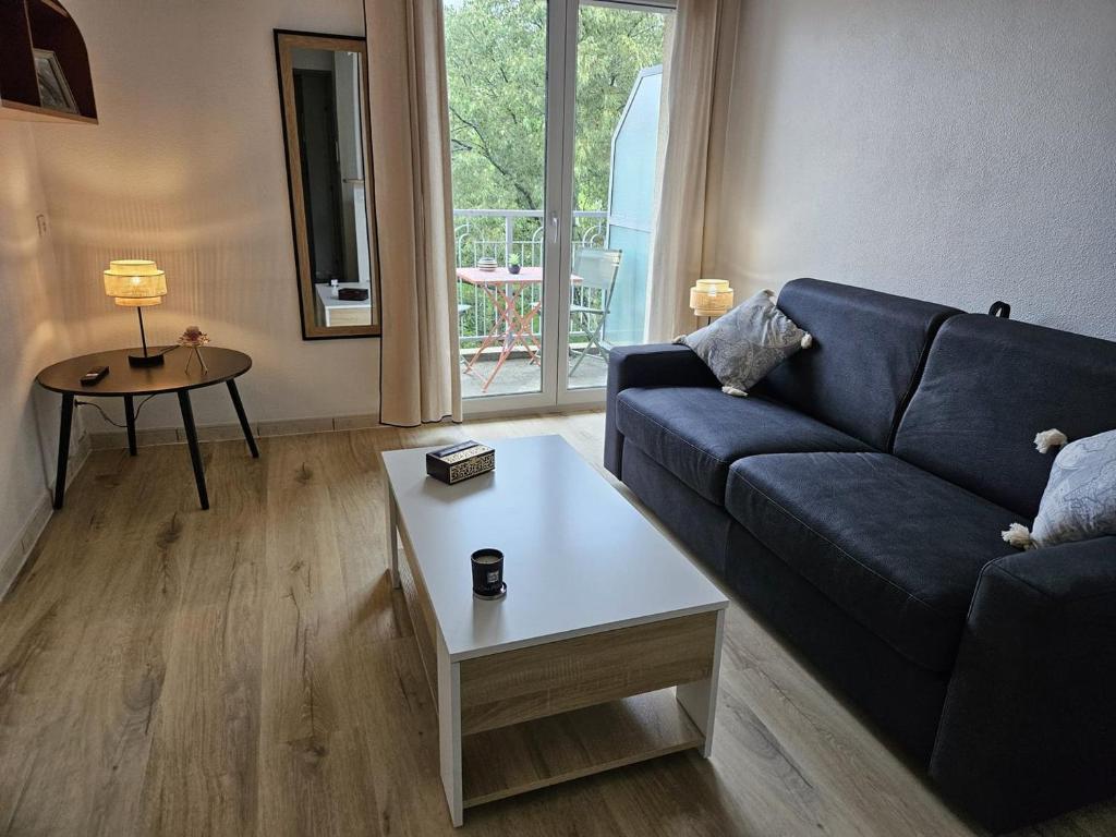 un salon avec un canapé bleu et une table dans l'établissement T1 - métro B François verdier, à Toulouse