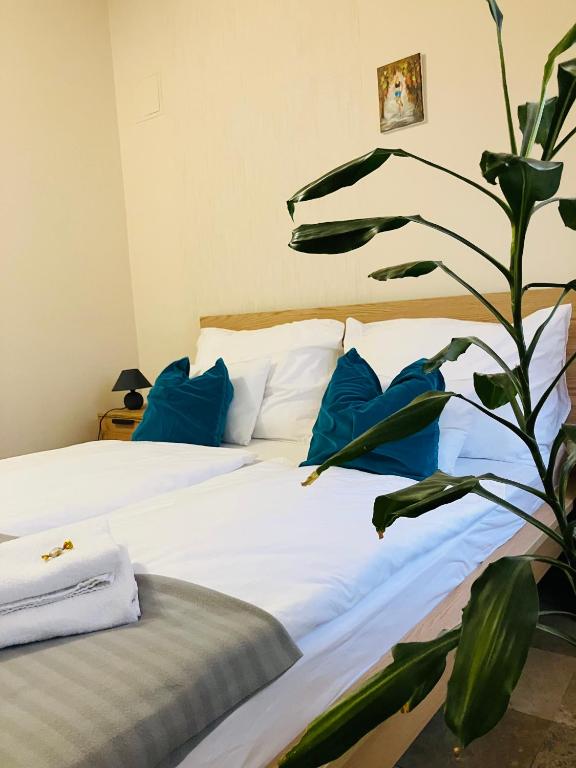a bedroom with a bed with blue pillows and a plant at Downtown- Családi Apartman in Győr