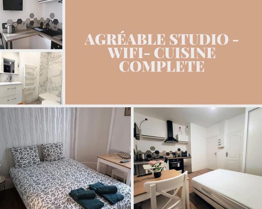 un collage de photos d'une chambre avec un lit et un bureau dans l'établissement Agréable studio - Wi-Fi - cuisine complète, à Dijon