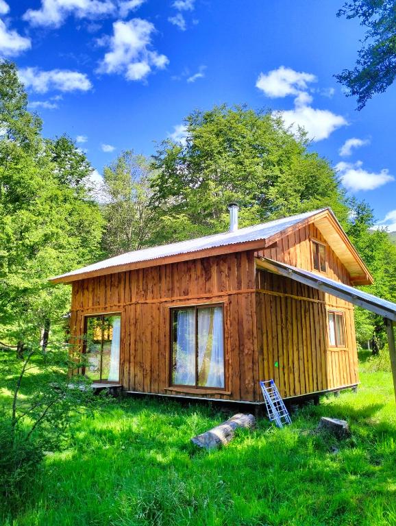 a small wooden cabin in a field of grass at Corazon de Panki in Curarrehue