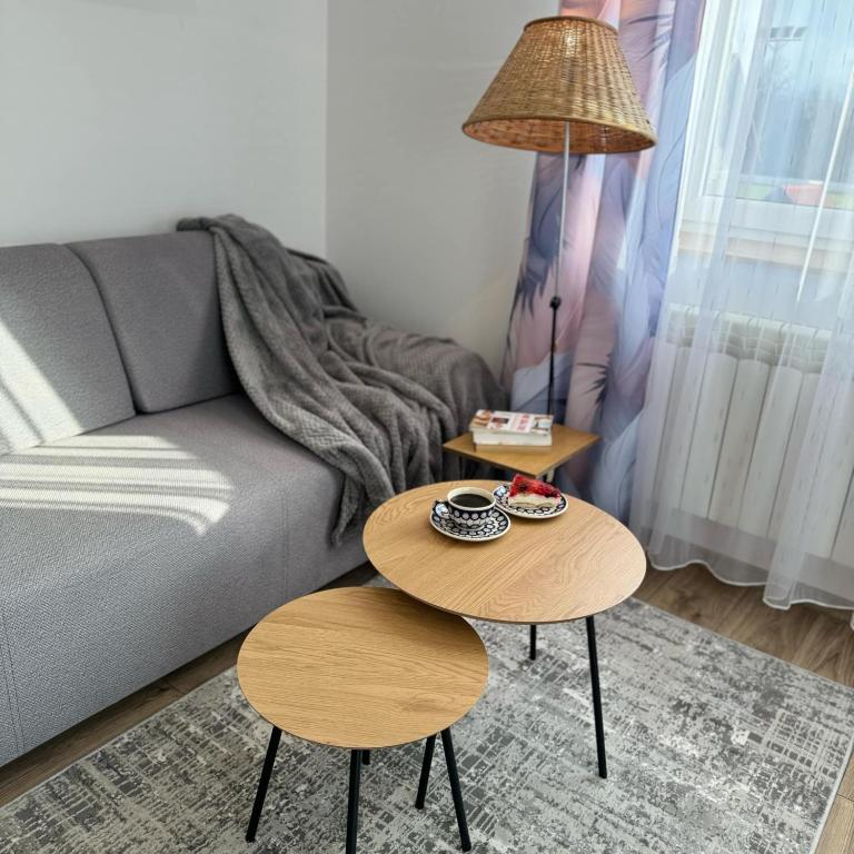 a living room with a couch and two tables at Apartamenty Kamata in Tylicz