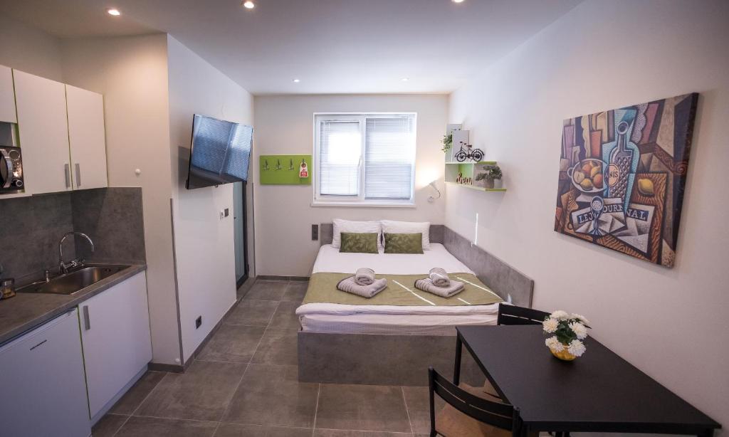 Piccola camera con letto e cucina. di DORM BG pet-friendly Aparthotel a Stara Zagora