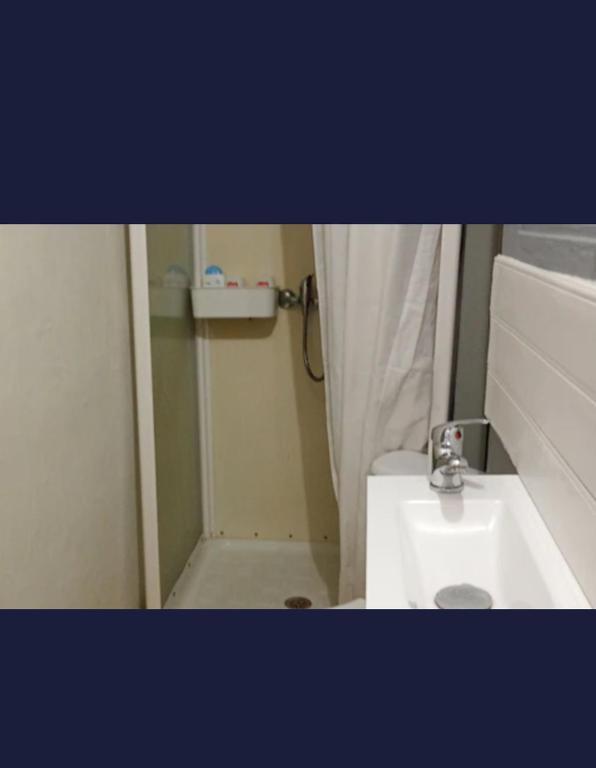 une petite salle de bain avec un lavabo et une douche dans l'établissement Iris, à Thiers