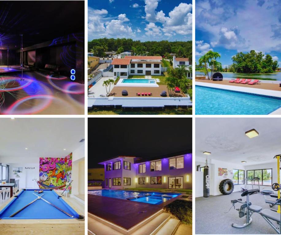 a collage of pictures of houses and a swimming pool at Club House 305 w PRIVATE NIGHTCLUB, Cinema, Game Room, Gym & Pool in Miami