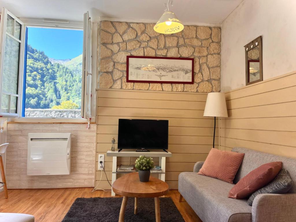 een woonkamer met een bank en een tv bij Charmant studio avec jardin, 2pers, centre-ville in Cauterets