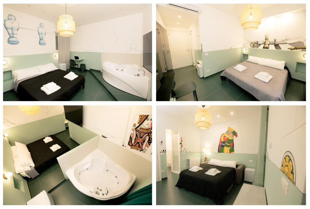 a collage of four pictures of a room at O Effe Games Vatican in Rome