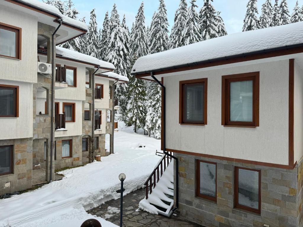 a building in the snow with snow covered trees at Апартамент 9 in Pamporovo