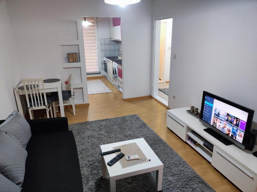 un salon avec un canapé, une télévision et une table dans l'établissement Amna apartman, à Sarajevo