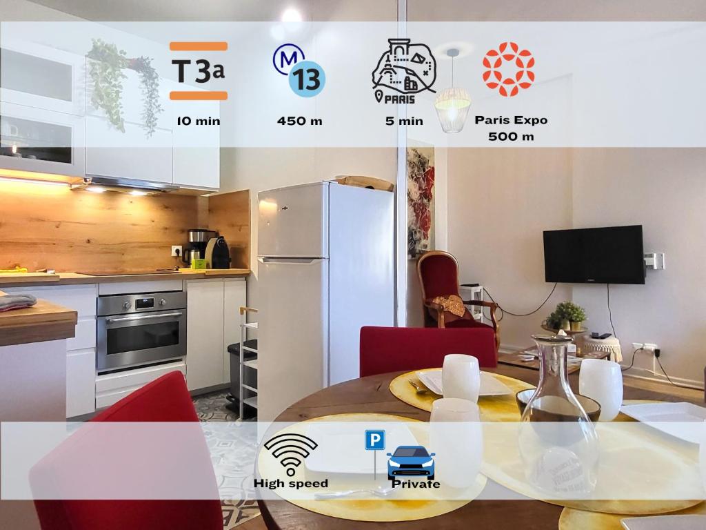 a kitchen with a table and a refrigerator at EXPO - Paris Porte de Versailles Parc des Expo à 5min avec parking in Vanves