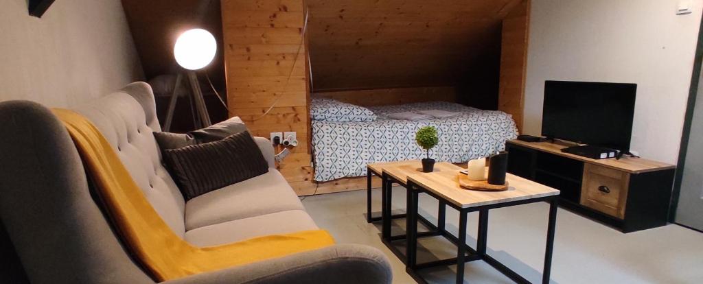 une chambre avec un lit, une chaise et une table dans l'établissement charmant studio, à Montbéliard