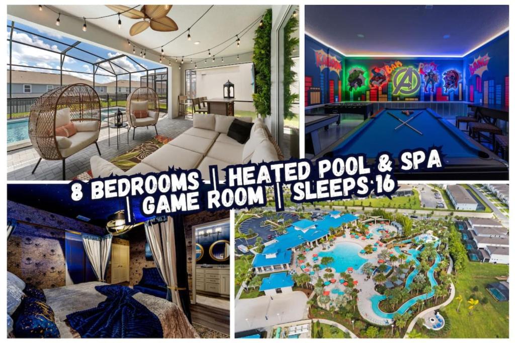eine Collage mit Bildern eines Hotelzimmers mit Pool und Spa in der Unterkunft Water Park, Game Room, Magical Design, Great Location in Davenport