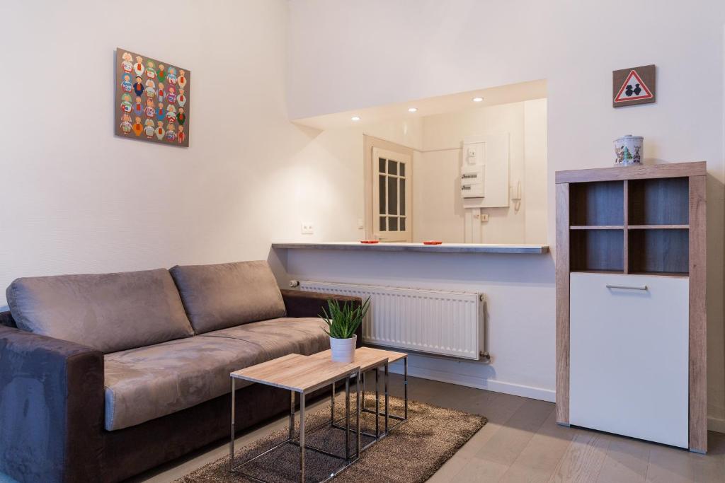 uma sala de estar com um sofá e uma cozinha em Chez Daniel em Kaysersberg