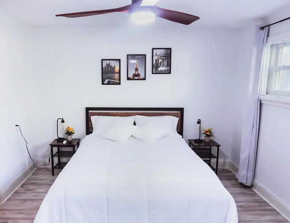 タンパにあるPrivate Suite near Busch Gardens Adventure Island USF and I-275のベッドルーム1室(白いベッド1台、天井ファン付)