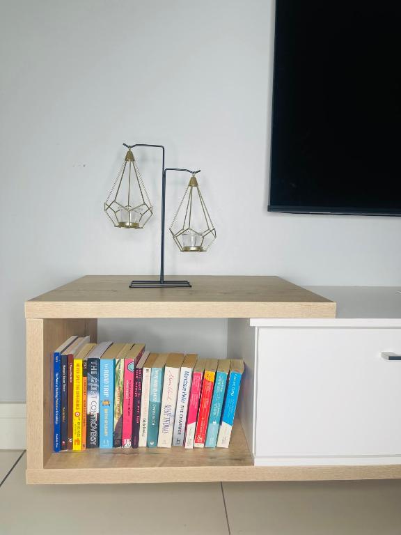 a book shelf with books and a television on it at Windhoek Cozy stay in Windhoek