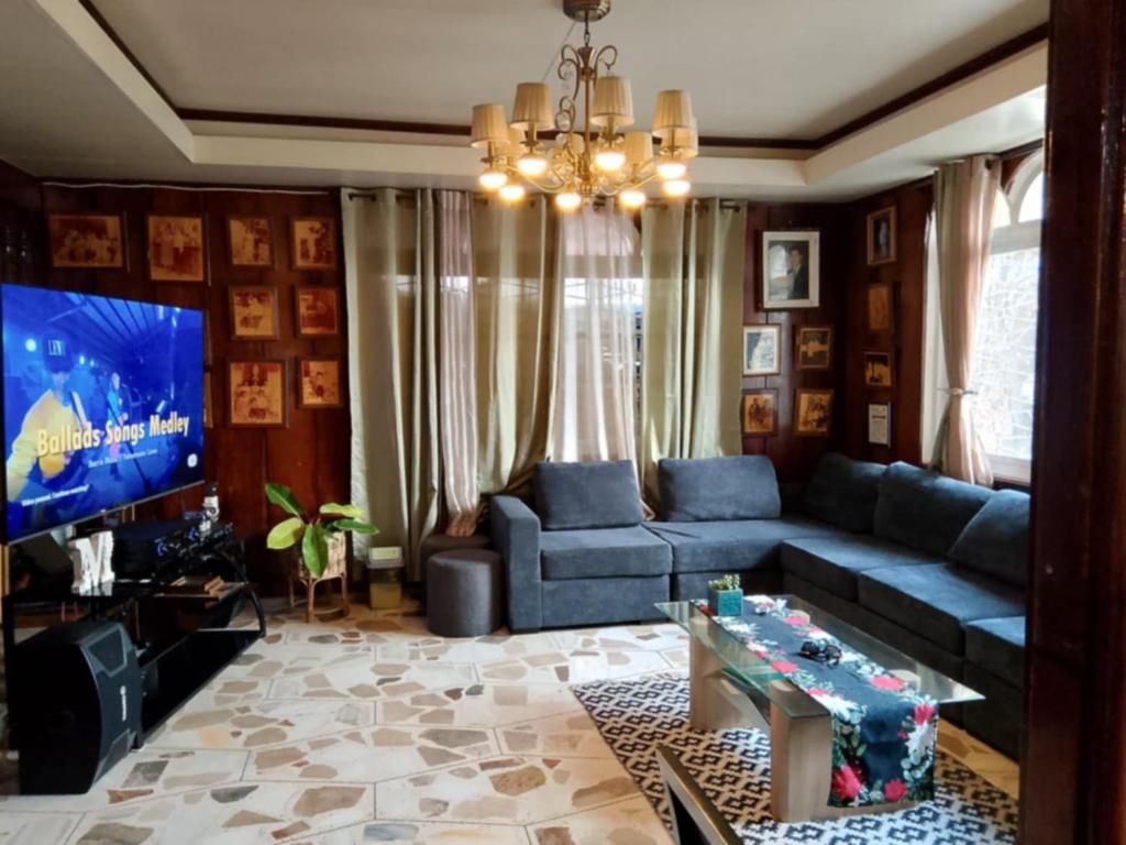 a living room with a blue couch and a tv at Topaz Bed & Breakfast Hotel in San Jose