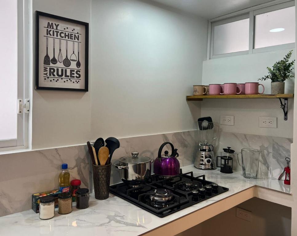 a kitchen counter top with a stove top oven at Trendy apartment 2 bedroom 1 bath in Baños