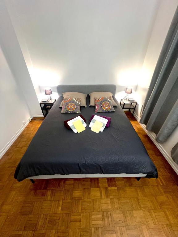 - une chambre avec un lit noir et 2 oreillers dans l'établissement Magnifique appartement Paris 11ème, à Paris