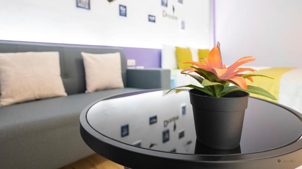 a table with a potted plant on it in a living room at Ocean Star B&B in Kenting